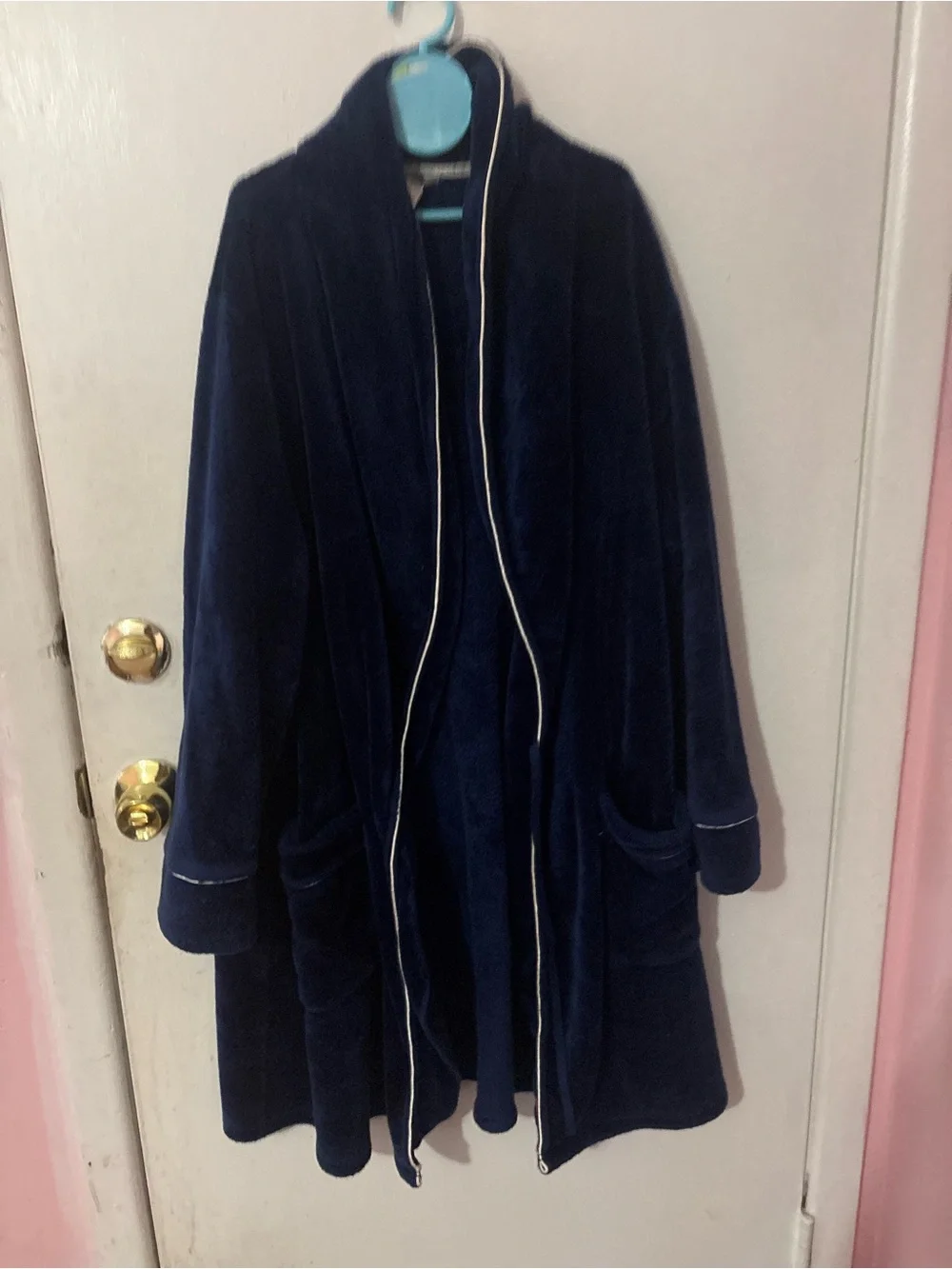 Liz Claiborne Plush Navy Open-Front Teddy Jacket with Piped Trim